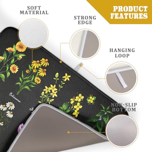 Black Flower Herbs Dish Drying Mat 18x24 Inch Botanical Floral Microfiber Drying Mats with Hanging Loop Foldable Absorbent Dish Drainer Rack Pad (Black Flower Herbs / 18" x 24")