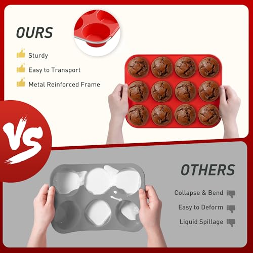 2 Pack 12 Cups Silicone Muffin Pan with Metal Reinforced Frame Regular Size Silicone Molds Cupcake Cake Baking Pans Cookie Baking Chocoflan Cupcake Mold Muffin Tray Dishwasher Safe BPA Free (2pc: 12-Cup Regular / Red and Blue)