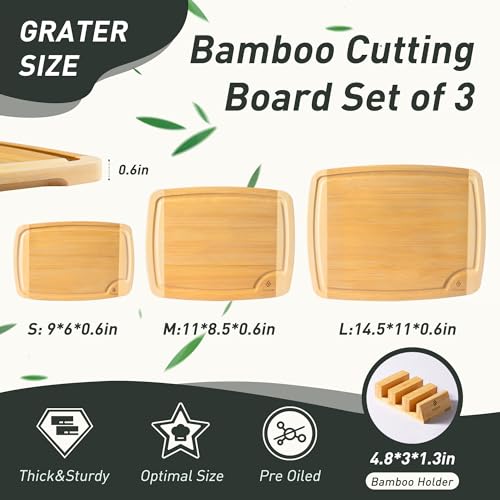 Bamboo Cutting Board Set Non Slip Feet with Holder Over Sink Tablas Para Picar Cocina Tabua Madeira Corte Carne Bambu Alimentos Cortar Madera Juego Regalos Cumpleaños Navidad Mujer Mama Abuela Papa (3 Pack with Holder / Two-Tone Bamboo)
