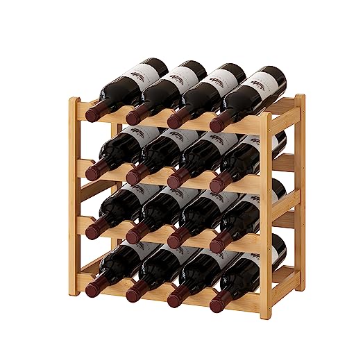 Bamboo Wine Rack Wine Storage Cabinet Shelf 16 Bottle Wine Racks Countertop Sturdy for Kitchen Dining Room Pantry (Natural / 4 Tier)