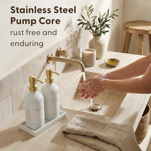 Bathroom Soap Dispenser Set (White Bottles Golden Pumps White Tray)