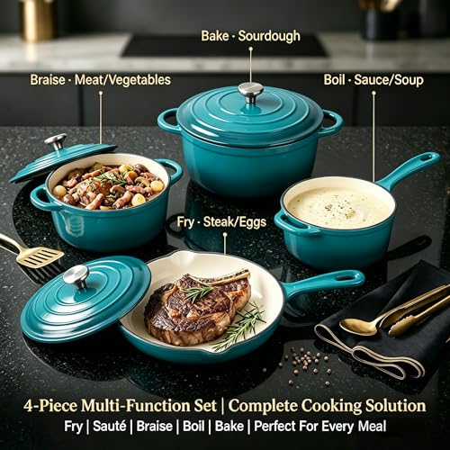 Enameled Cast Iron Cookware Set (Teal)