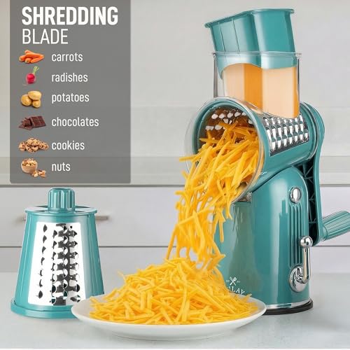 Rotary Cheese Grater Manual Hand Crank 5 Blade Shredder (5 Blades / Classic | Green)