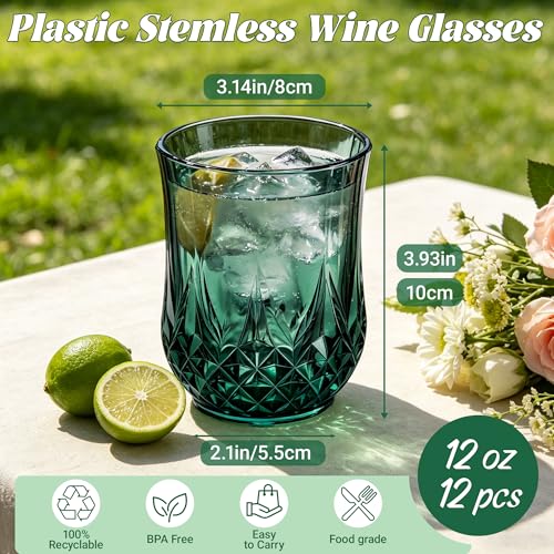 12 Pack Plastic Stemless Wine Glasses (Dark Green)