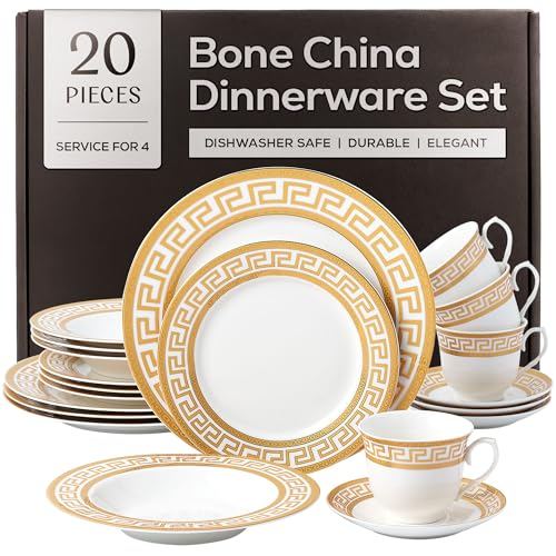 Golden Greek Key Bone China Dinnerware Set (20 Piece Set)