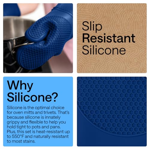 BPA Free Silicone Oven Mitts and Pot Holders Set (Blue / 12.5" Oven Mitts + 7" Trivets)