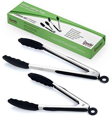 Kitchen Tongs for Cooking with Silicone Tips by Boxiki Kitchen (Black Silicon)