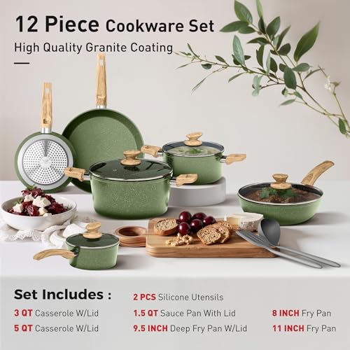 12 Piece Pots and Pans Set (Green / 12 Pcs Cookware Set)