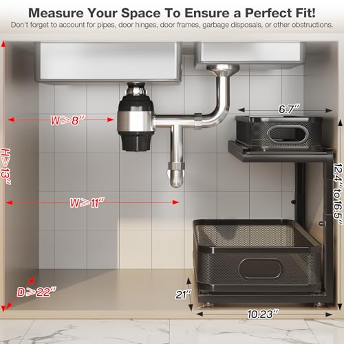 2 Pack 21IN Depth Under Sink Organizer With Next (Black / 2 Pack-21"Dx12.4"-16.5"H)