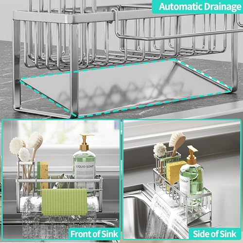 Sponge Holder for Kitchen Sink (Silver-Sloping / with Dishcloth Holder)