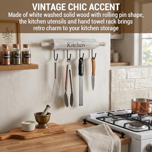 White Washed Wood Kitchen Utensil Rack with 4 Hooks (Whitewashed)