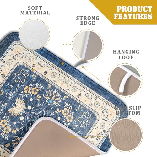 Blue Boho Dish Drying Mat for Kitchen Counter 16x18 Inch Fast Dry Drying Pad Vintage Floral Dish Drainer Rack Mats Coffee Bar Accessories (Blue Boho / 16" x 18")