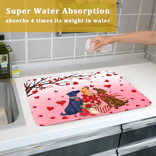 Love Dog Dish Drying Mat 18"x24" Red Heart Microfiber Dish Drainer Mat Hanging Loop Absorbent Fast Dry Pad Kitchen Counter Bar Accessories (Love Dogs / 24" x 18")