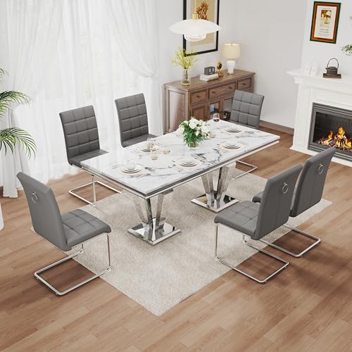 7 Piece Luxury Dining Room Set (Silver White + Grey / Dining Table + 6 U-shape Chair)