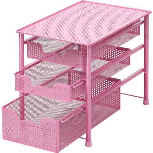 Stackable 3 Tier Sliding Basket Organizer Drawer (3-Tier / Pink)