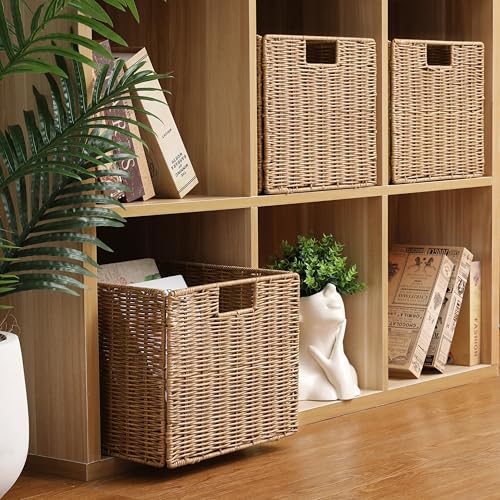 12X12X10in Plastic Wicker Storage Basket (Natural)