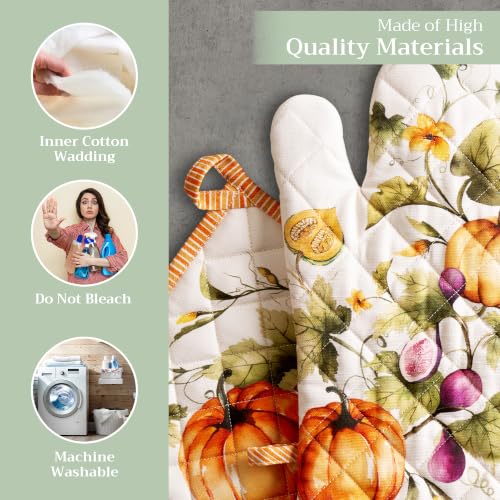 100% Cotton Oven Mitt & Pot Holder Set (069 - Pumpkin Garden - Cloudy Cream / 7.5" x 13" & 8" x 8" (Oven Mitt & Pot Holder))