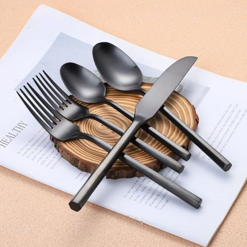 Matte Silverware Set Black Flatware Set with Hexagon Handle 20 Pieces 18 (Matte Black)
