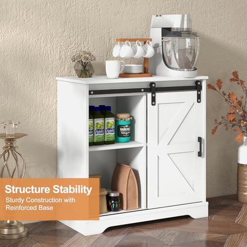 Sliding Barn Door Buffet Sideboard Storage Cabinet Coffee Bar Kitchen Farmhouse Style (White)