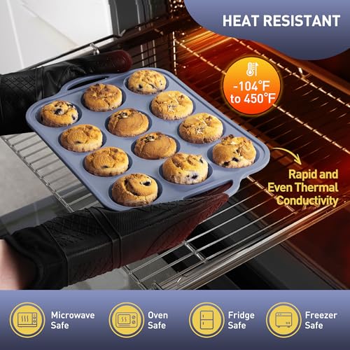 2 Packs 12 Cups Silicone Muffin Pan with Metal Reinforced Frame Regular Size Cupcake Pan Tray Egg Bites Silicone Circle Cookie Molds Muffin Tin Tart Pans Baking Sheet Set for Breakfast Sandwiches (2pc: 12-Cup Regular / Morandi Blue)