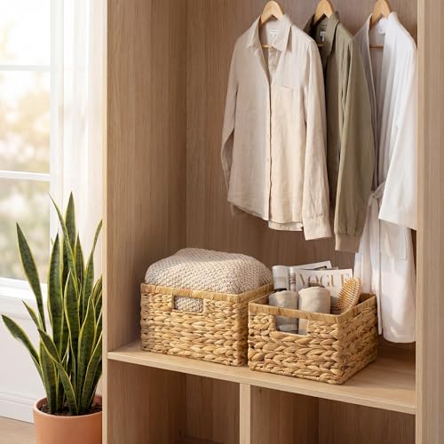 Wicker Baskets for Storage (Natural (Water Hyacinth) / 11½"L x 11½"W x 7"H + 9¾"L x 9¾"W x 6½"H)