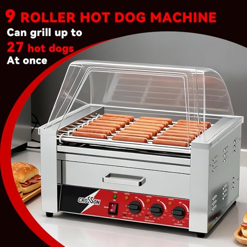 Hot Dog Roller 9 Rollers 24 Hot Dogs (9 Roller W/Cover &Bun Warmer)