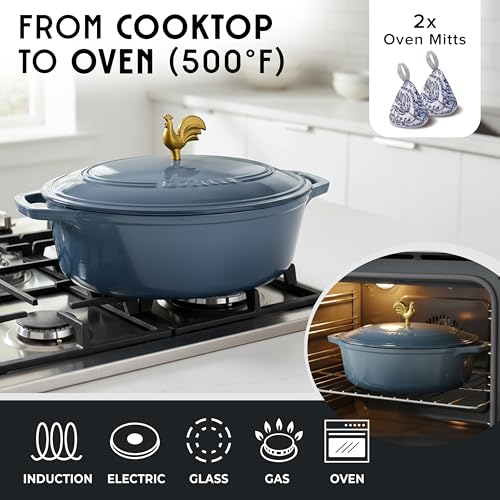 MUELLER HOME 5.5 Quart Enameled Cast Iron Oval Dutch Oven w Rooster Knob & Cotton Potholders (5.5 Quart -Oval / Mineral Blue)
