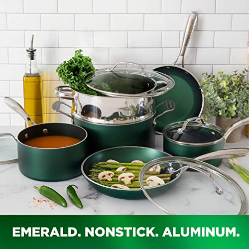 Diamond Granite Stone Classic Emerald Pots and Pans Set with Ultra Nonstick Durable Mineral & Diamond Tripple Coated Surface (Emerald Green)