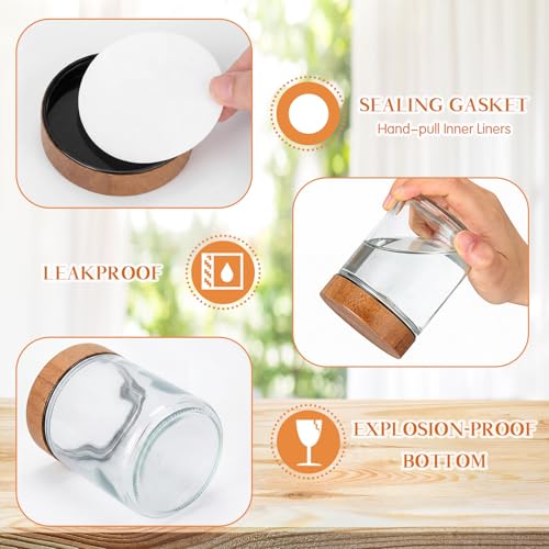 24 Pcs 8oz Glass Jars with Lids Empty Small Glass Containers and Inner Liners Reusable Cosmetic Jars Round Airtight Bottles with Plastic Wood Grain Lids for Travel (Walnut Wood Grain / 8 oz)
