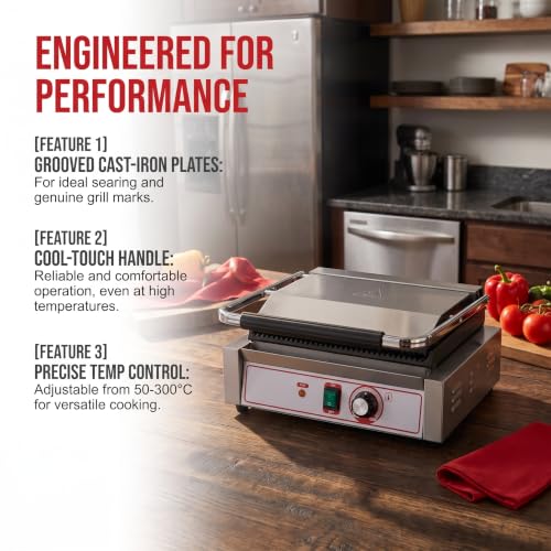 Commercial Panini Grill Flat Press Sandwich Maker Industrial Panini Machine Single Grill Big (Standard Grooved Top And Bottom)