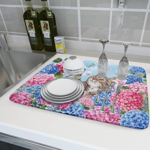 Cute Dish Drying Mats for Kitchen Counter Large 18 X 24 In（Spring Cat Blue） (Colorful Hydrangea Cat / 24" x 18")