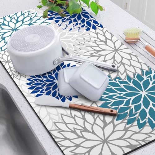 2Pcs Dish Drying Mat & Sink Splash Guard (Blue / 16" X 24" + 24" X 5.5")