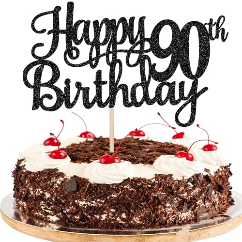 1 PCS Happy 90th Birthday Cake Topper Glitter Cheers to 90 Years Birthday Cake Pick 90 Fabulous Cake Decoration for Happy 90th Birthday Theme Party Decorations Supplies Black (Black / 90th)