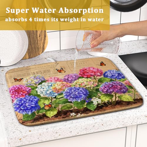 Vintage Hydrangea Dish Drying Mat Watercolor Floral Microfiber Absorbent Dish Drying Pad for Kitchen Counter Small (Vintage Hydrangea Brown / 18" x 16")
