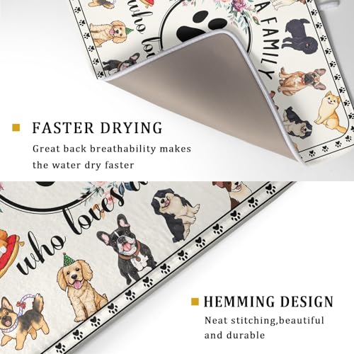 Dog Family Dish Drying Mat Cartoon Pet 18 X 24 in Absorbent Printed Drying Pad for Dog Lover (Dog Family White / 24" x 18")