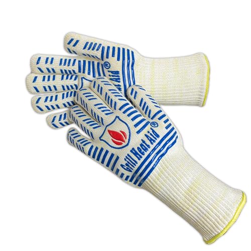 Grill Gloves Heat Proof for Men Grilling BBQ Heat Resistant Gloves (White & Blue / Mid Cuff - Small Palm)