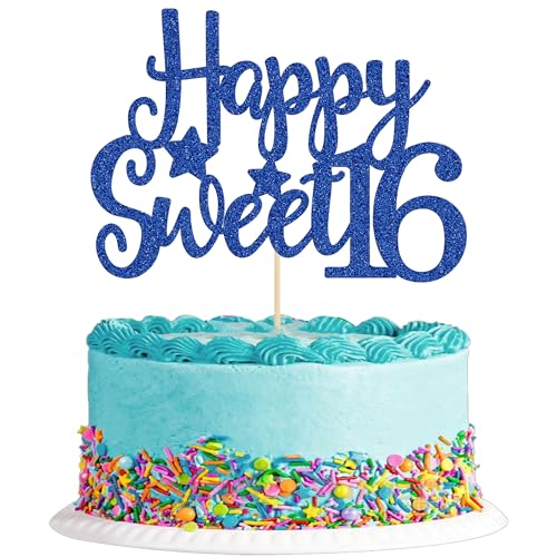1Pc Happy Sweet 16 Cake Topper Blue Glitter Sweet 16 Birthday Cake Decoration Happy 16th Birthday Decorations for Girls Boys Party Supplies