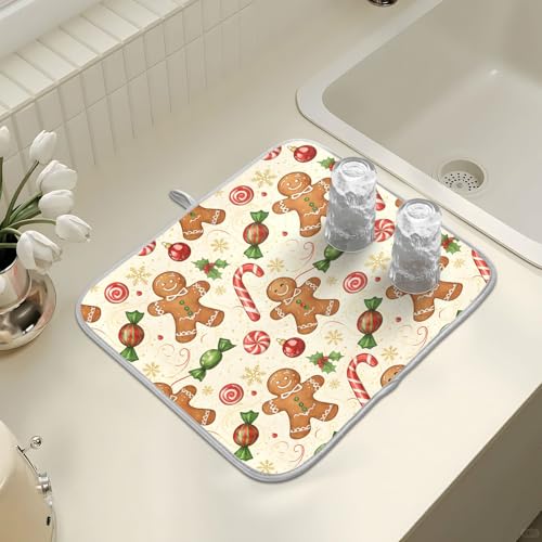Christmas Gingerbread Cookie Man Sugar Dish Drying Mat for Kitchen Counter Absorbent Microfiber Large Drying Pad Dish Mats for Kitchen Countertops 18 x 24 Inch (24" x 18")