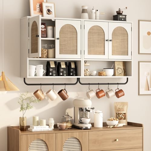 Rattan Bathroom Wall Cabinet (Rustic White / 2 Doors)