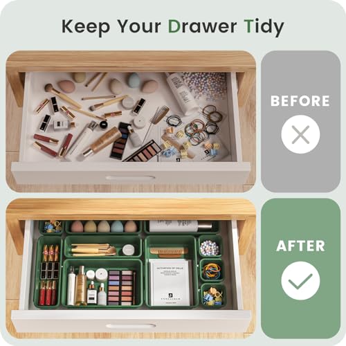 Military Grade】 Drawer Organizer for Vanity Bathroom Makeup Desk (Green)
