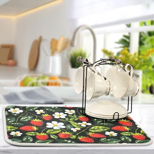 Strawberries White Flowers Dish Drying Mat for Kitchen Counter Absorbent Microfiber Drying Pad (16" x 18")