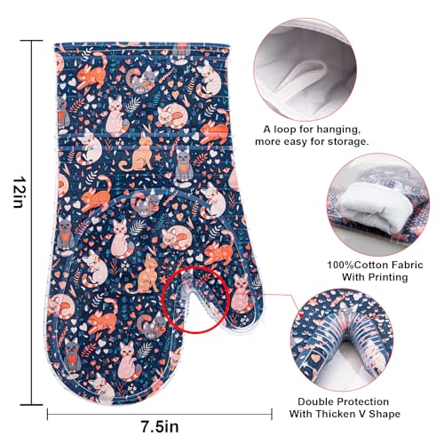 Oven Mitts with Transparent Clear Silicone Shell and Nice Cat Printing (Oven mitts / Navy, Cat)