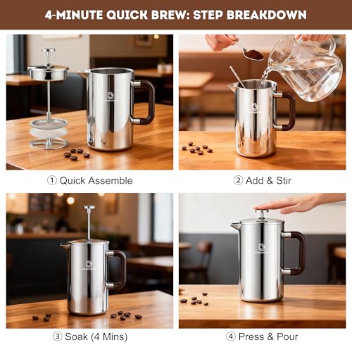 1L 34 Oz French Press Coffee Maker (Silver-Upgrade)