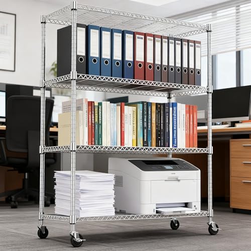 1400LBS 47.2" W 4 Tiers Storage Shelves Metal Shelving Unit with Wheels Heavy Duty Garage Shelving Adjustable Wire Shelves for Pantry (4 Tiers, 17.7"D x 47.2"W x 62.6"H / Chrome)