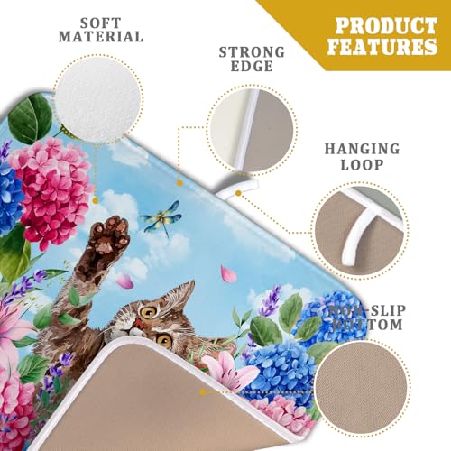 Hydrangea Floral Dish Drying Mat Cute Cat Microfiber Absorbent Dish Drying Pad for Kitchen Counter 16 X 18 (Colorful Hydrangea Cat / 18" x 16")