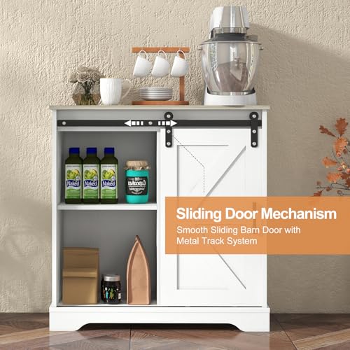 Sliding Barn Door Buffet Sideboard Storage Cabinet Coffee Bar Kitchen Farmhouse Style (White Cabinet Nature Top)
