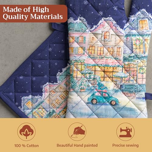 100% Cotton Oven Mitt & Pot Holder Set (123 - Christmas Market - Blue / 7.5" x 13" & 8" x 8" (Oven Mitt & Pot Holder))