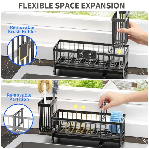 Larger Version Sponge Holder for Kitchen Sink (Black with Towel Rack)