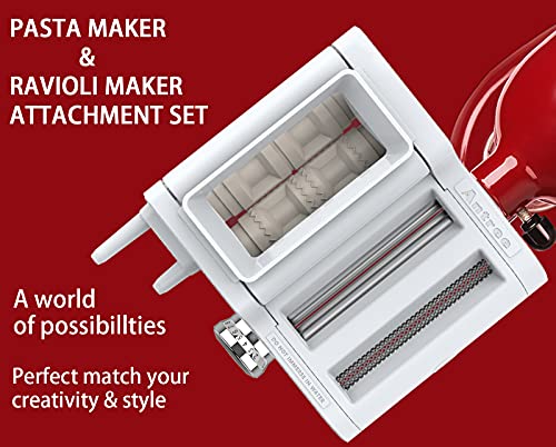 3-IN-1 Pasta Attachment & Ravioli Attachment for KitchenAid Stand Mixers, Pasta Maker Assecories included Pasta Sheet Roller, Spaghetti Cutter and Ravioli Maker Attachment (White/Silver)