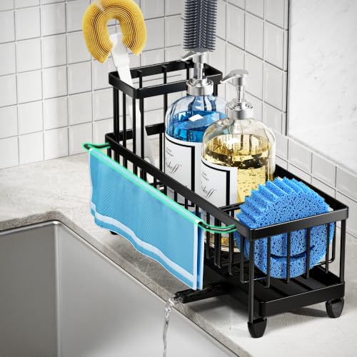 Larger Version Sponge Holder for Kitchen Sink (Black with Towel Rack)